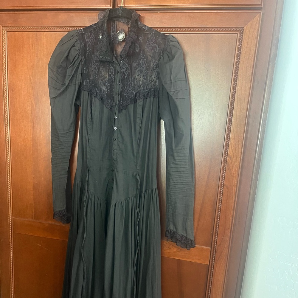 Vintage Black Lace Dress Victorian Gothic Maxi | High Neck Long Sleeve | Size 8
